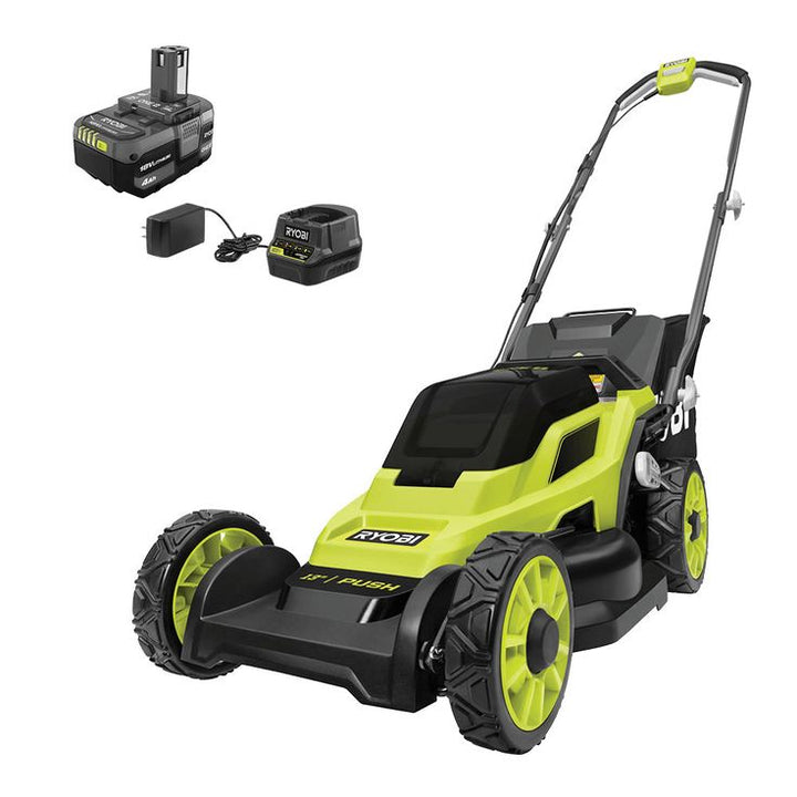 RYOBI 13 in. ONE+ 18-Volt Lithium-Ion Cordless Battery Walk Behind Push Lawn Mower & Leaf Blower- 4.0 Ah Battery/Charger
