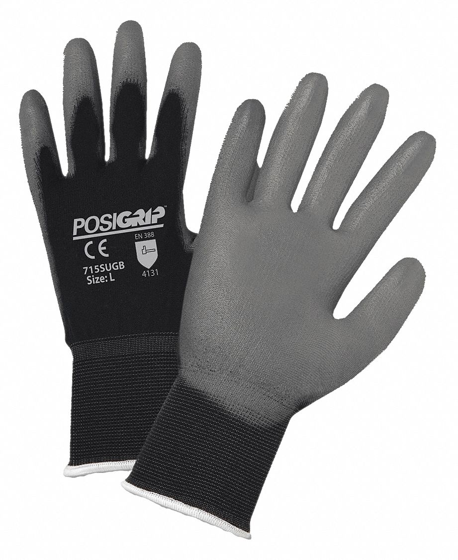 PIP Coated Gloves - Large, Polyurethane Palm Dipped, ANSI Abrasion Level 1, Black, 12 Pack