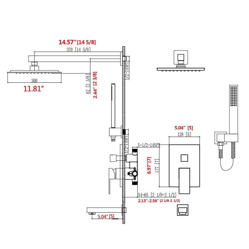 Shower System Wall Mounted with 12 in. Square Rainfall Shower head and Handheld Shower Head Set, Matte Black - Super Arbor