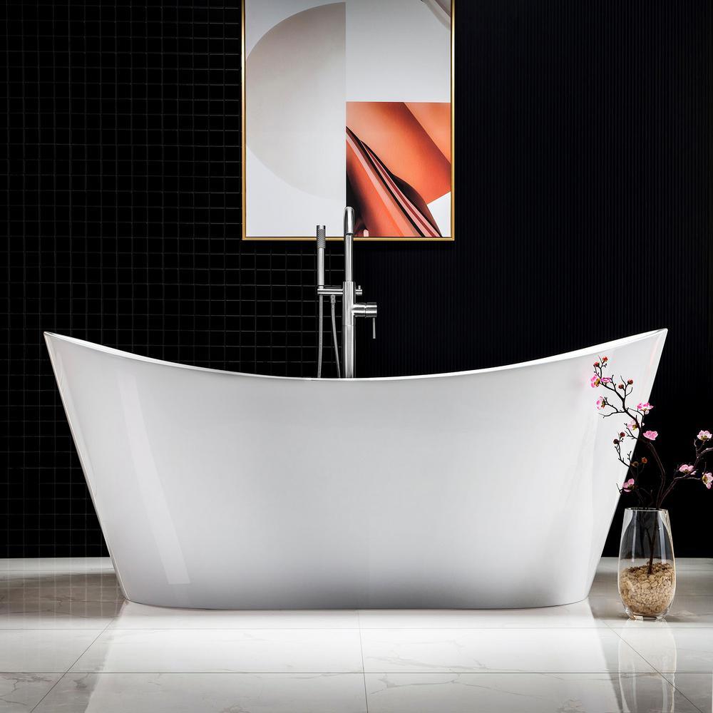 Ravella 67 in. Acrylic Flat Bottom Double Slipper Soaking Bathtub with Chrome Drain and Overflow Included in White - Super Arbor