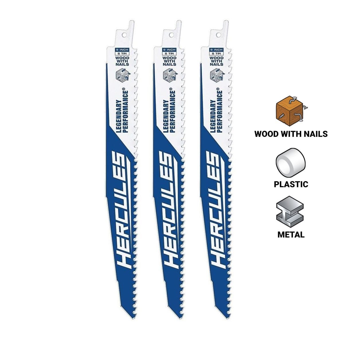 Hercules 9 in. 5 TPI Demo Duty Bi‑Metal Reciprocating Saw Blades, 3-Pack