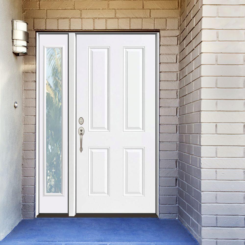 Steves & Sons 51 in. x 80 in. 4-Panel Primed White Right-Hand Steel Prehung Front Door with 12 in. Clear Glass Sidelite, 4-9/16 in. Jamb