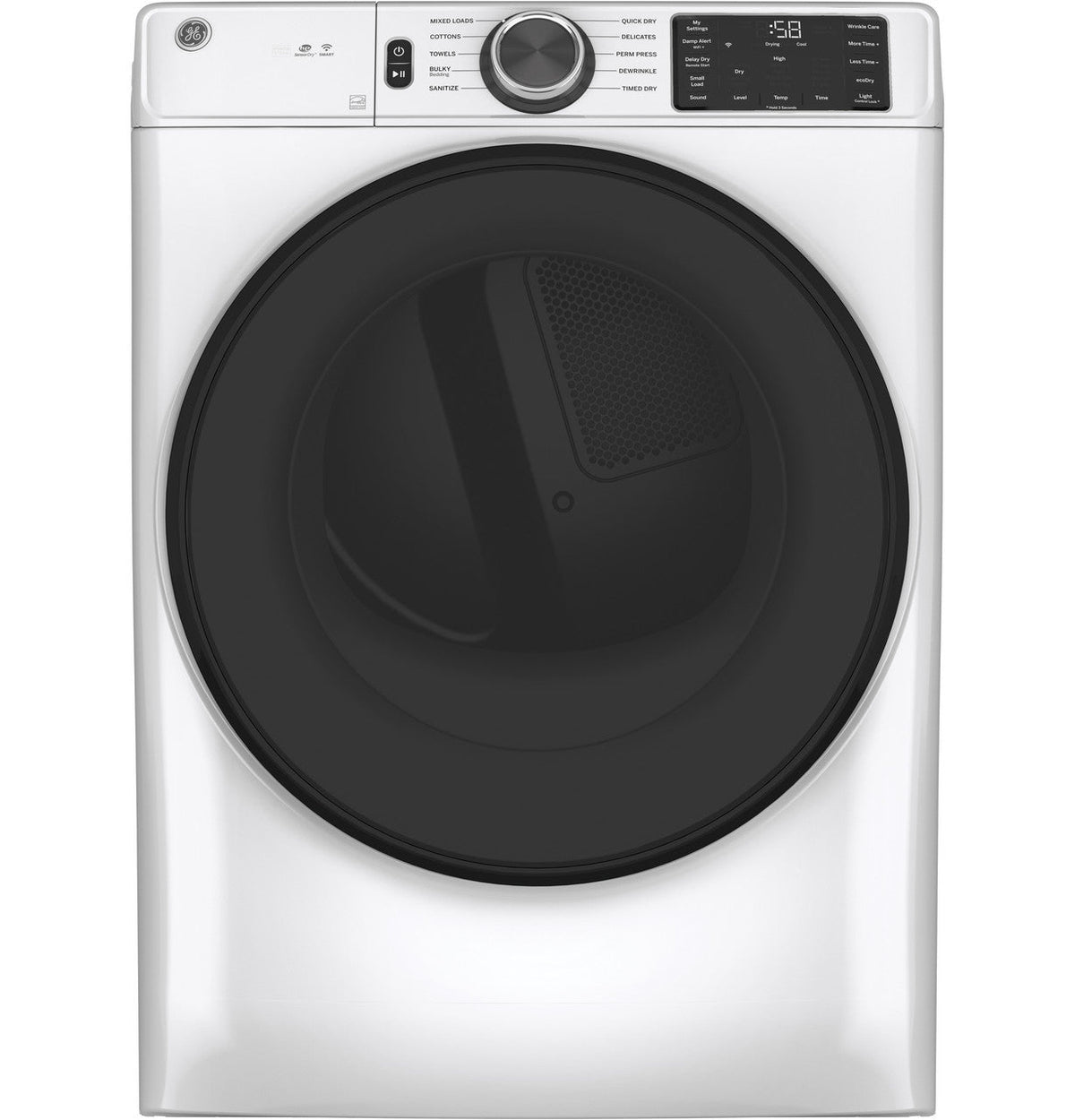 GE 7.8 cu. ft. Smart 240-Volt White Stackable Electric Vented Dryer with Sanitize Cycle, ENERGY STAR