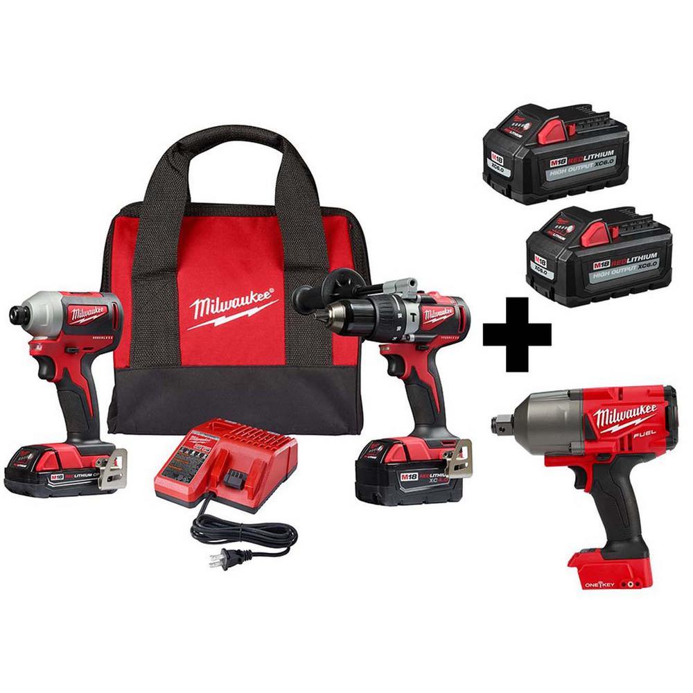 M18 18-Volt Lithium-Ion Brushless Cordless Hammer Drill/Impact/3/4 in. Impact Wrench Combo Kit (3-Tool) with 4-Batteries - Super Arbor