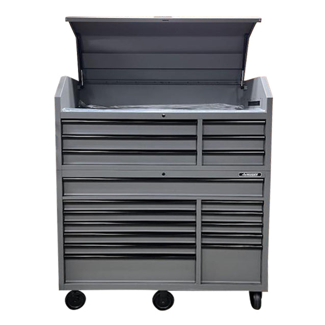 Husky 56 in. W x 22 in. D Heavy Duty 18-Drawer Combination Rolling Tool Chest and Top Tool Cabinet Set in Matte Gray