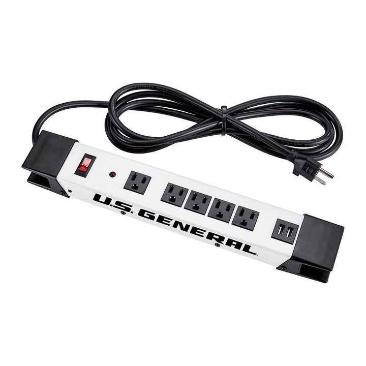 U.S. GENERAL 5-Outlet Magnetic Power Strip with Metal Housing and 2 USB Ports, White