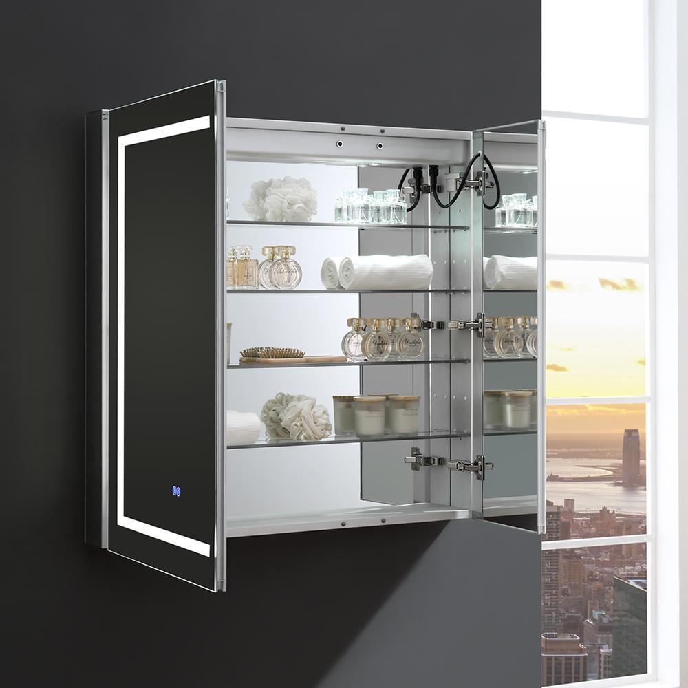 Spazio 36 in. W x 36 in. H Recessed or Surface Mount Medicine Cabinet with LED Lighting and Mirror Defogger - Super Arbor