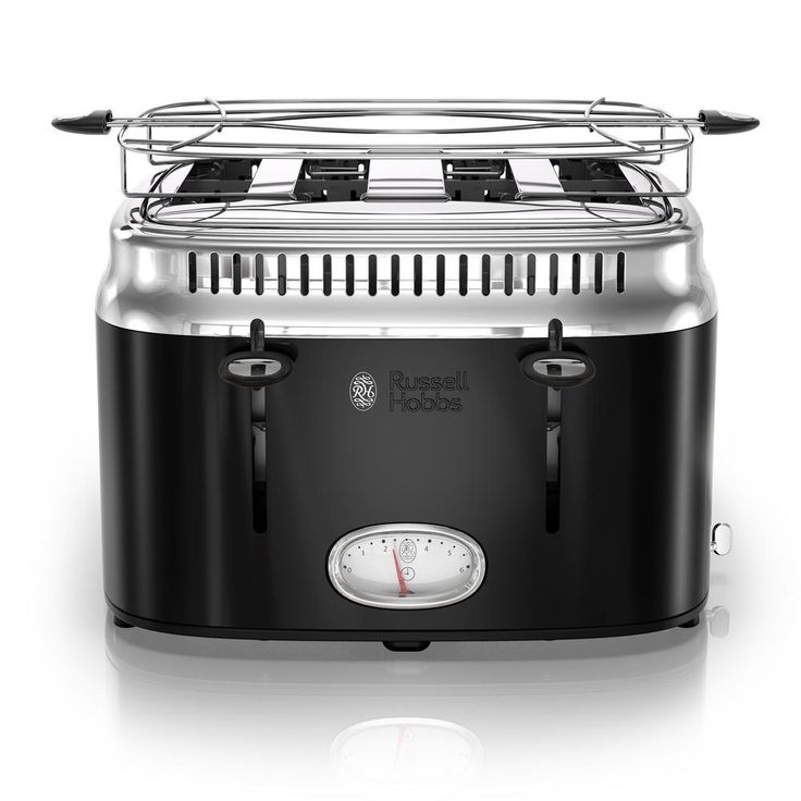Retro Style 4-Slice Black Stainless Steel Toaster with Built-In Timer