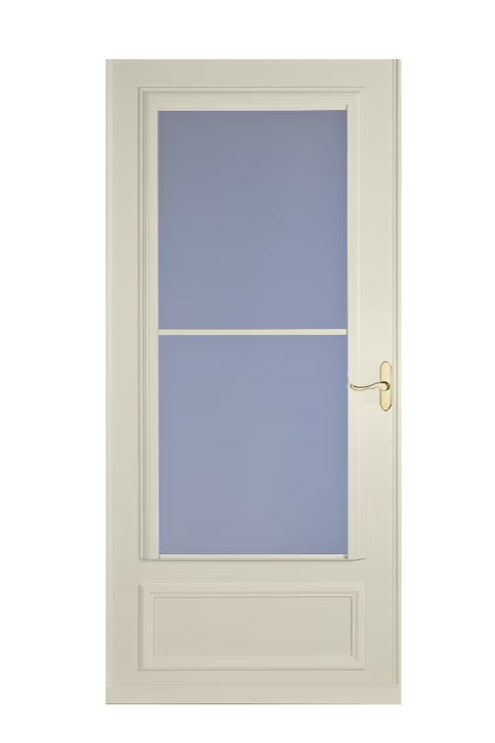 LARSON Savannah 36-in x 81-in Almond Mid-view Retractable Screen Wood Core Storm Door with Polished Brass Handle