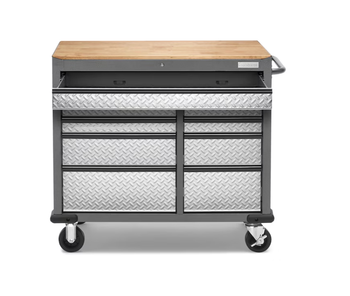 Gladiator 41-in L x 24.5-in H 9-Drawers Rolling Hammered Granite Wood Portable Work Bench