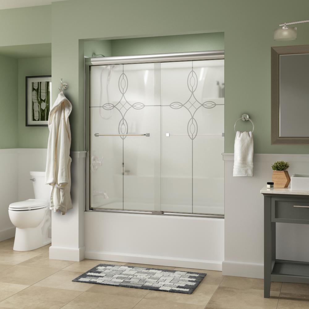 Everly 60 in. x 58-1/8 in. Traditional Semi-Frameless Sliding Bathtub Door in Nickel and 1/4 in. (6mm) Mozaic Glass - Super Arbor