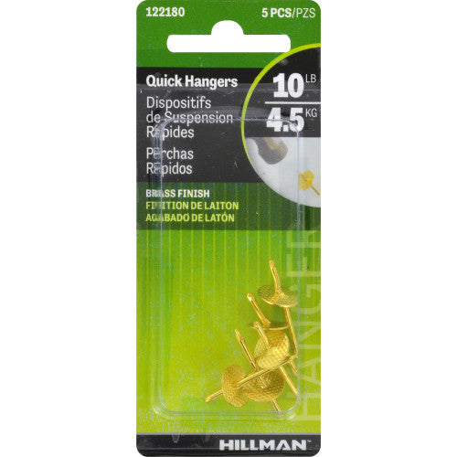 Hillman AnchorWire Brass-Plated One-Piece Quick Hanger, 10 lb Capacity, 5-Pack