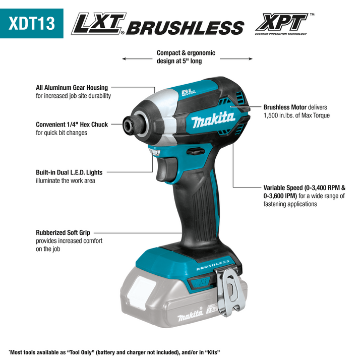 Makita 18V LXT Lithium‑Ion Brushless 1/4 in. Cordless Impact Driver, Tool Only (XDT13Z)