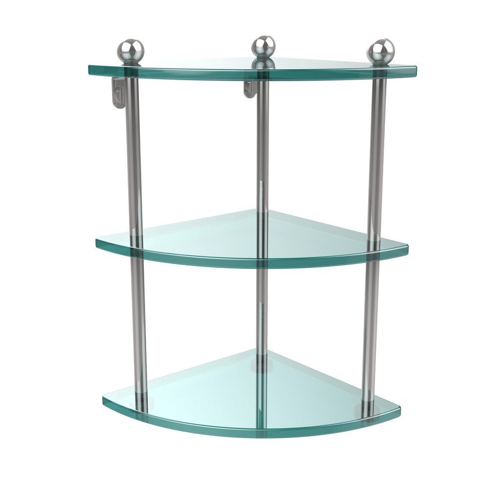 8 in. L  x 15 in. H  x 8 in. W 3-Tier Corner Clear Glass Bathroom Shelf in Satin Nickel - Super Arbor