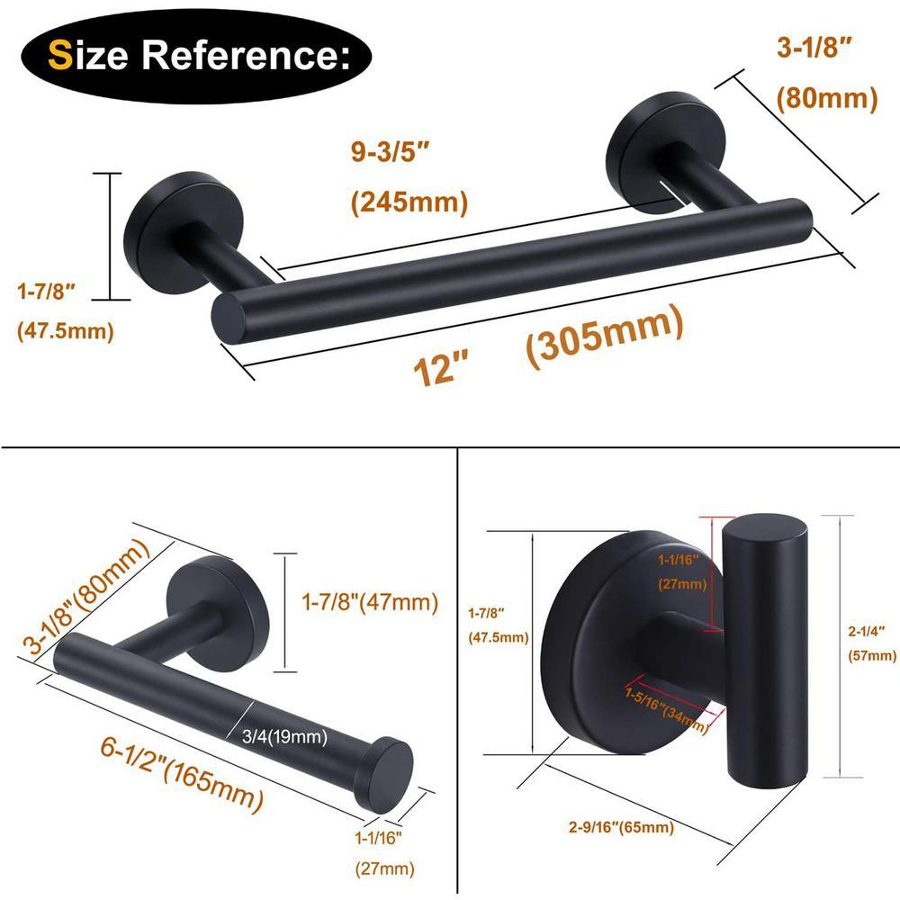 Porter 3-Piece Bath Hardware Set with Towel Hook and Toilet Paper Holder and 12 in. Towel Bar in Stainless Steel Black - Super Arbor