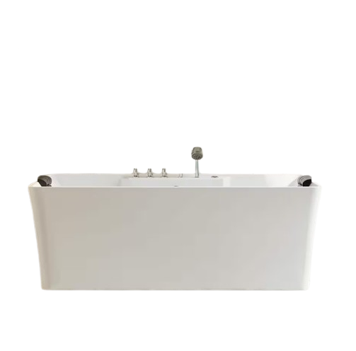 67 in. Center Drain Acrylic Freestanding Flatbottom Whirlpool Bathtub in White with Faucet - Water Jets