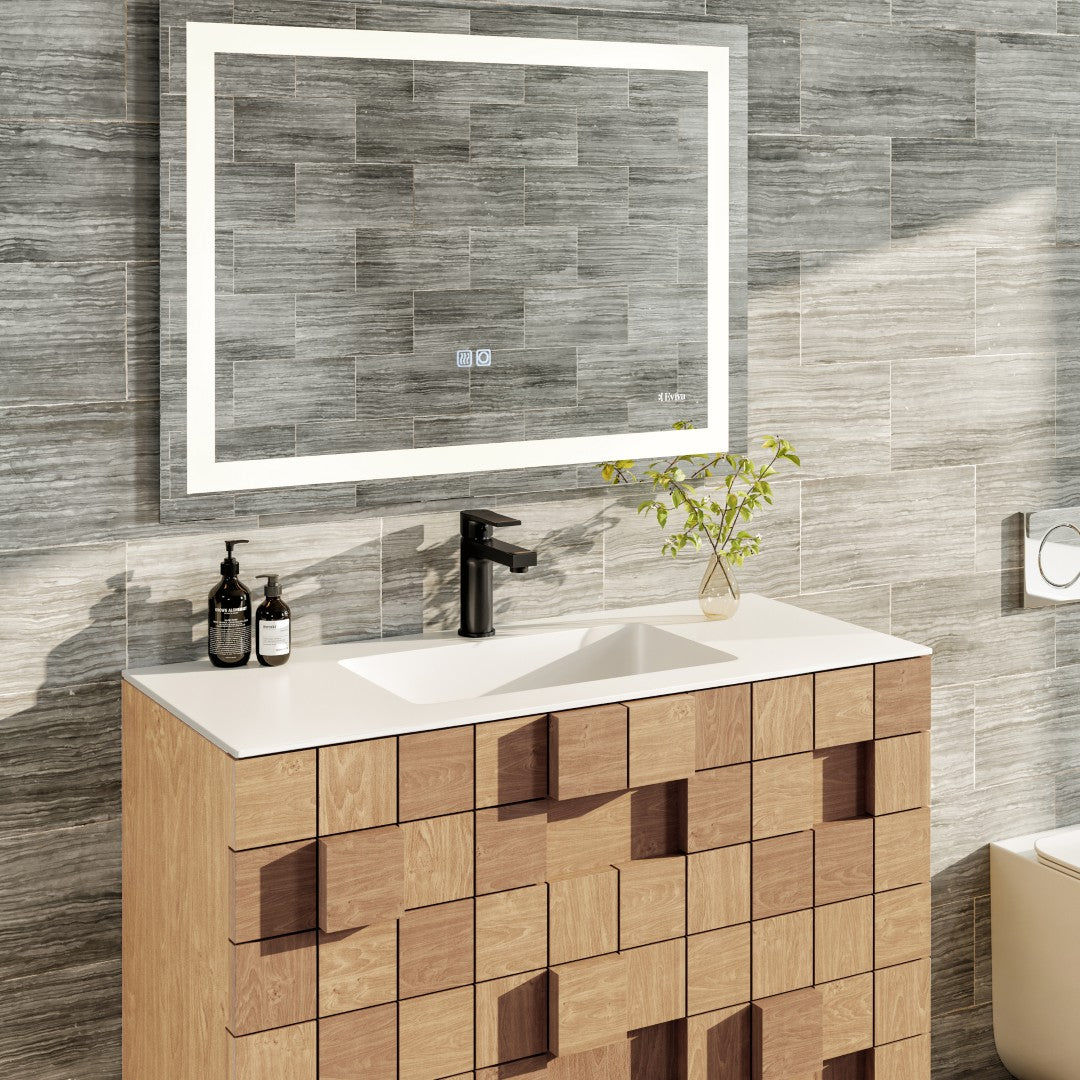 Eviva Mosaic 36"W x 20"D Natural Oak Wall Mount Bathroom Vanity with White Solid Surface Countertop and Integrated Sink