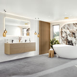 Eviva Lotus 59"W x 19"D Natural Oak Wall Mount Double Sink Bathroom Vanity with White Solid Surface Countertop and Integrated Sinks