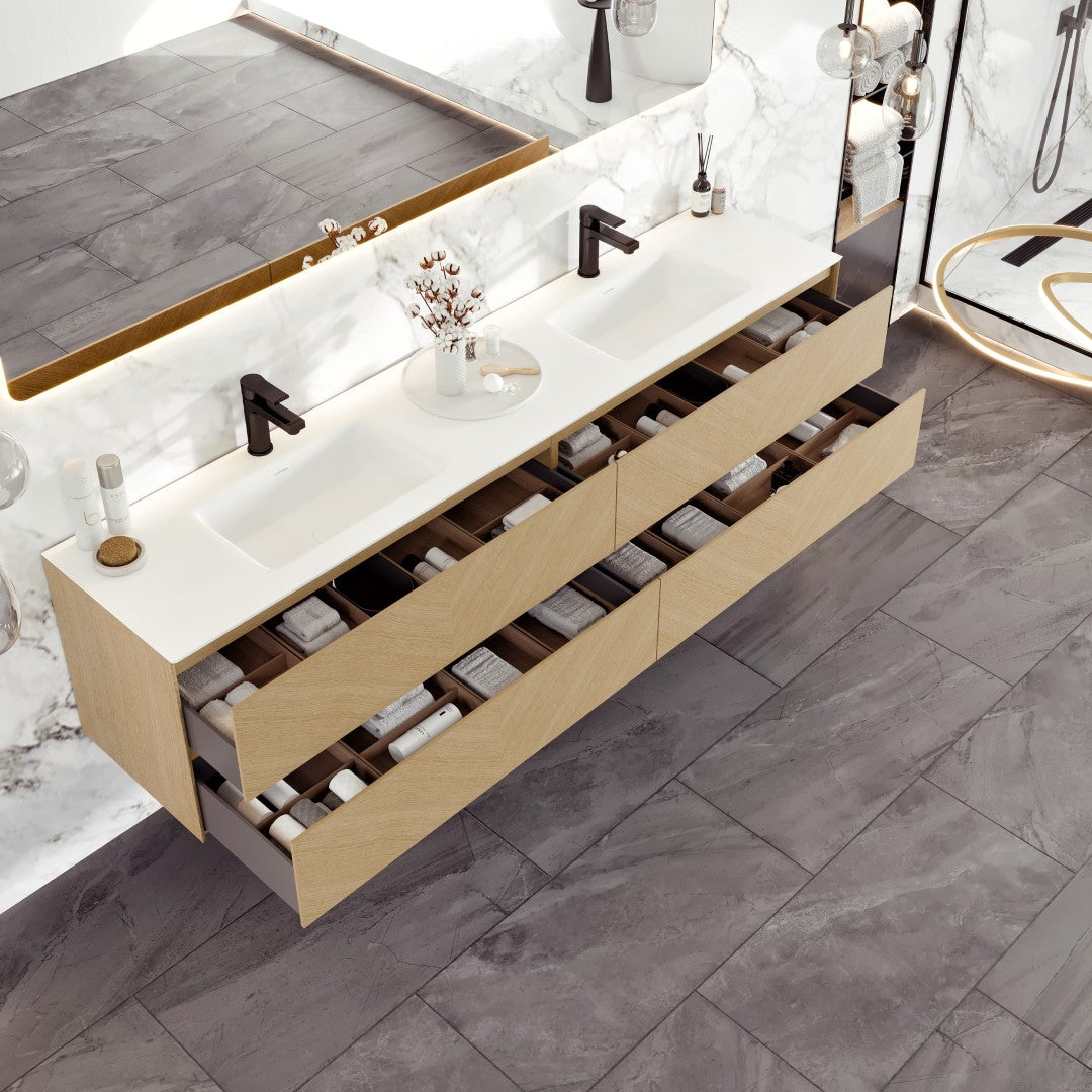 Eviva Lotus 71"W x 19"D Natural Oak Wall Mount Double Sink Bathroom Vanity with White Solid Surface Countertop and Integrated Sinks