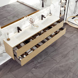 Eviva Lotus 71"W x 19"D Natural Oak Wall Mount Double Sink Bathroom Vanity with White Solid Surface Countertop and Integrated Sinks