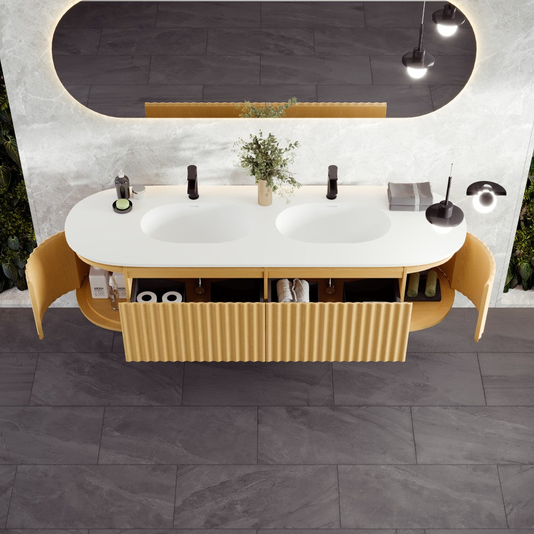 Eviva Haven 71"W x 22"D Natural Oak Double Sink Bathroom Vanity with White Solid Surface Countertop and Integrated Sinks