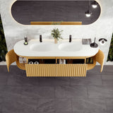 Eviva Haven 71"W x 22"D Natural Oak Double Sink Bathroom Vanity with White Solid Surface Countertop and Integrated Sinks