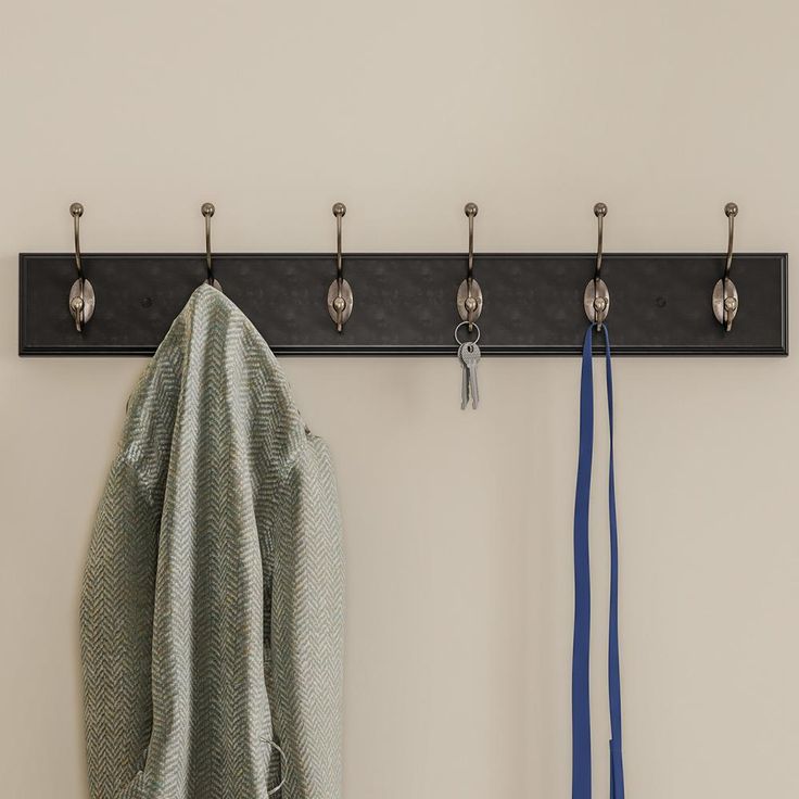 27 in. L Black Rail-Mounted Wall Hook Hanging Rack with 6 Hooks