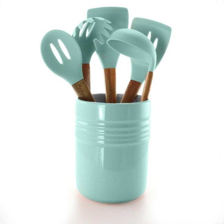 Plaza Cafe 5-Piece Kitchen Tools with Sky Blue Ceramic Crock