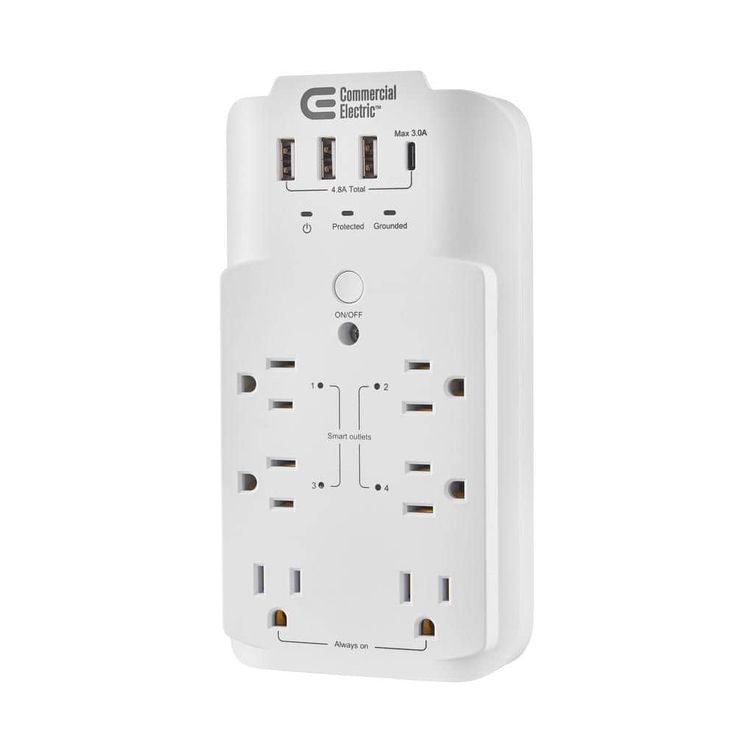 Commercial Electric 6-Outlet Smart Surge Protector with 4 USB Ports, White, Powered by Hubspace