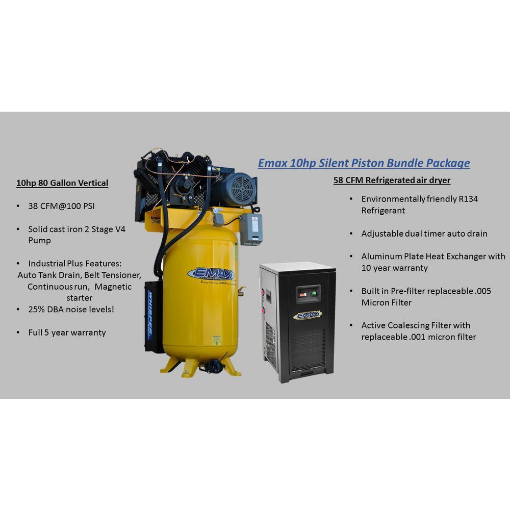 Industrial Plus 80 Gal. 10 HP 230-Volt 3-Phase 2-Stage Silent Air Electric Air Compressor with 58 CFM Dryer Bundle - Super Arbor