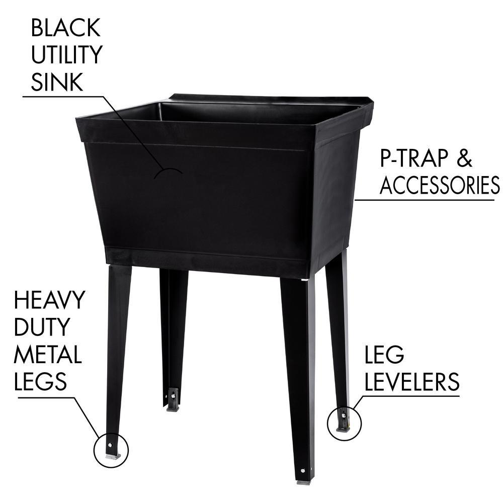 22.875 in. x 23.5 in. Black 19 gal. Thermoplastic Utility Sink Kit with Black Metal Legs, P-Trap and Supply Lines - Super Arbor