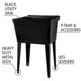 22.875 in. x 23.5 in. Black 19 gal. Thermoplastic Utility Sink Kit with Black Metal Legs, P-Trap and Supply Lines - Super Arbor