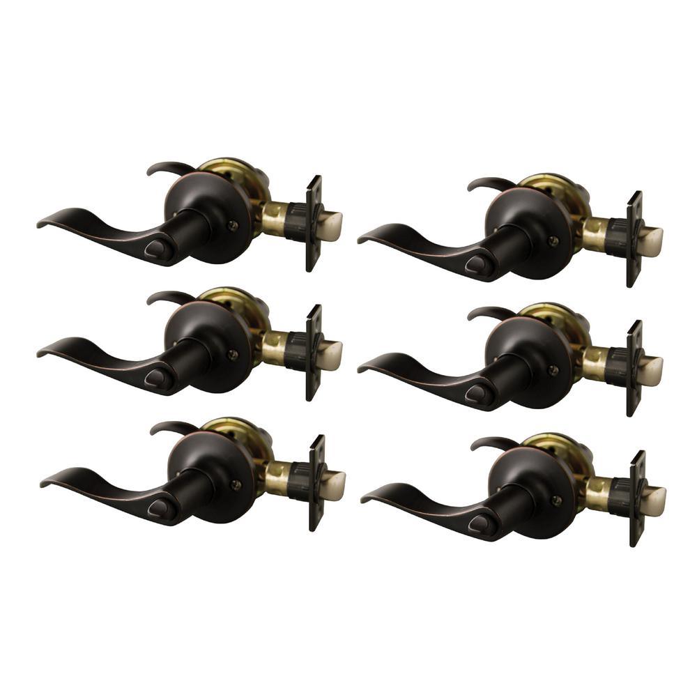 Stratford Satin Nickel Privacy Bed/Bath Door Lever with Universal 6-Way Latch (6-Pack) - Super Arbor