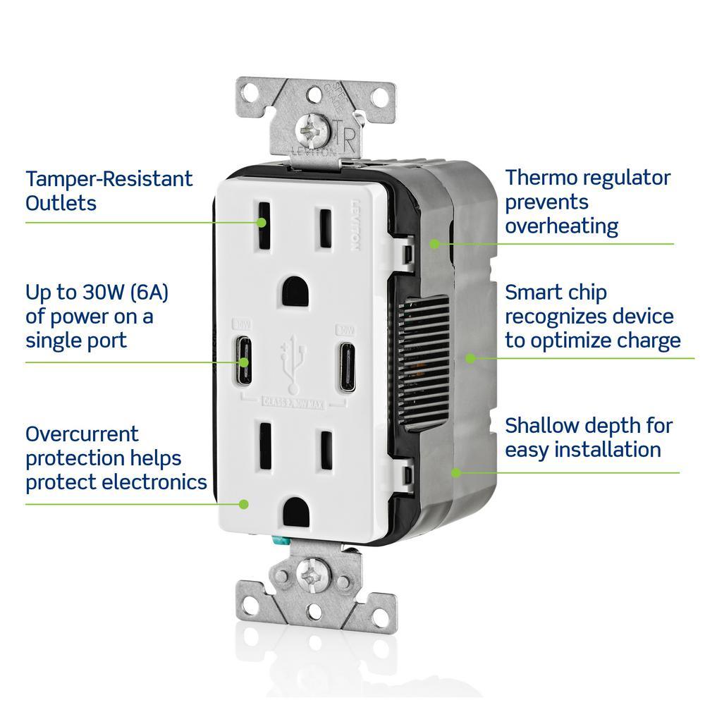 15 Amp White Duplex Tamper-Resistant Outlets with 6 Amp USB Dual Type-C Power Delivery In-Wall Chargers - Super Arbor