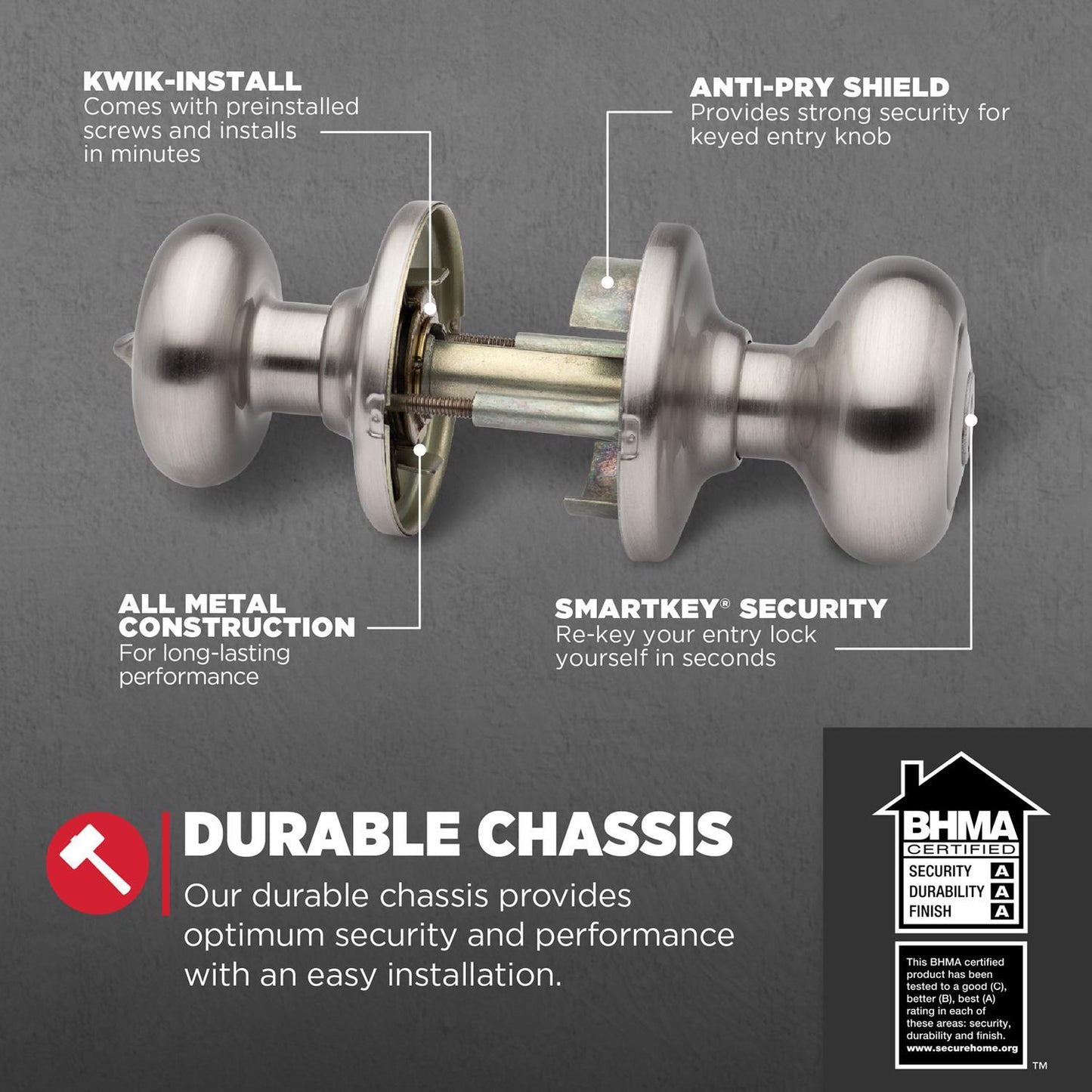 Kwikset SmartKey Juno Satin Nickel Knob and Single Cylinder Deadbolt, ANSI/BHMA Grade 2, KW1, 1-3/4 in.