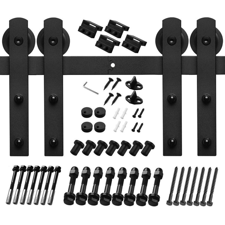 10 ft./120 in. Black Steel Straight Strap Sliding Barn Door Track and Hardware Kit for Double Doors with Floor Guide - Super Arbor