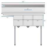 Freestanding Stainless Steel 45 in. 2-Hole Triple Bowl Commercial Kitchen Sink