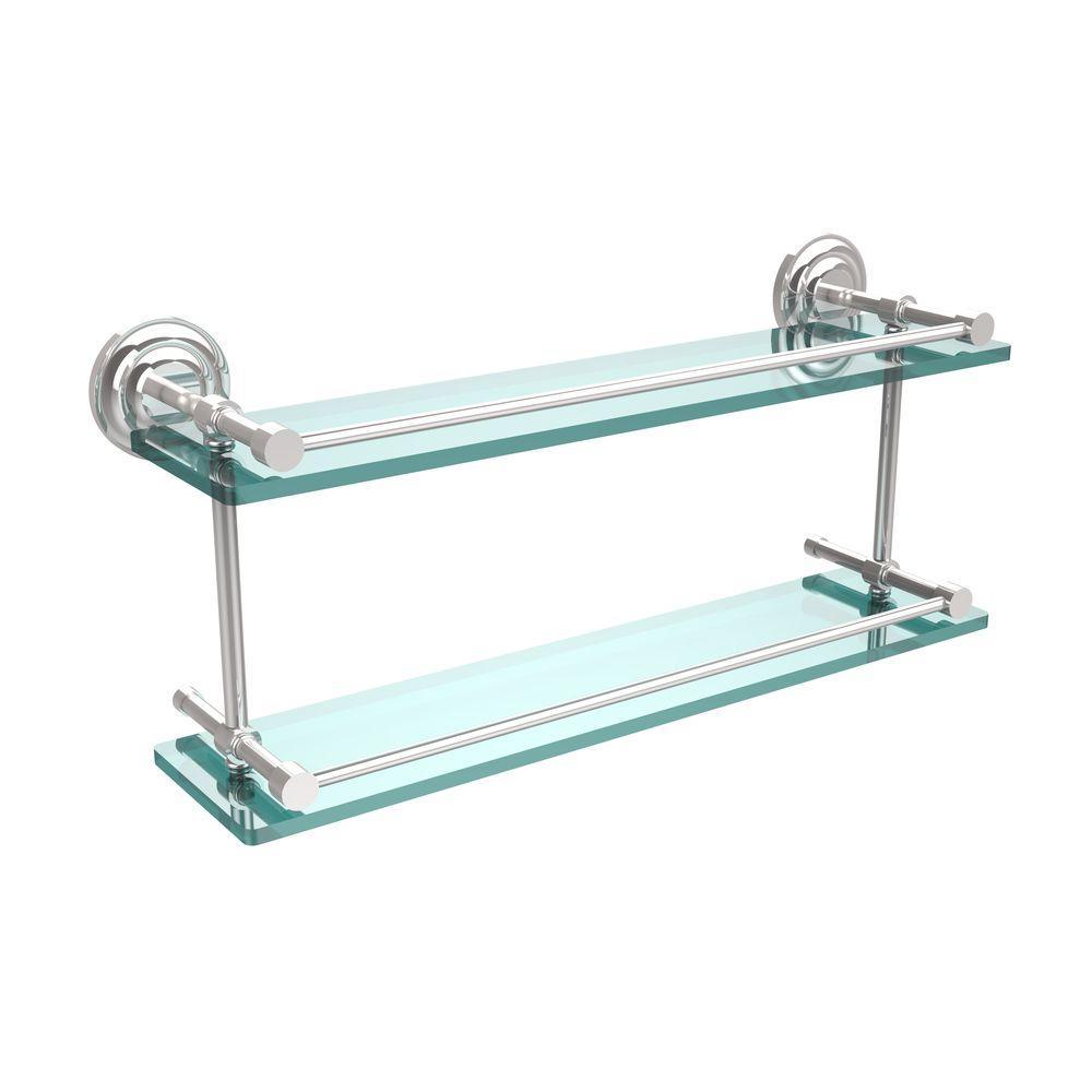 Que New 22 in. L x 8 in. H x 5 in. W 2-Tier Clear Glass Bathroom Shelf with Gallery Rail in Satin Nickel - Super Arbor
