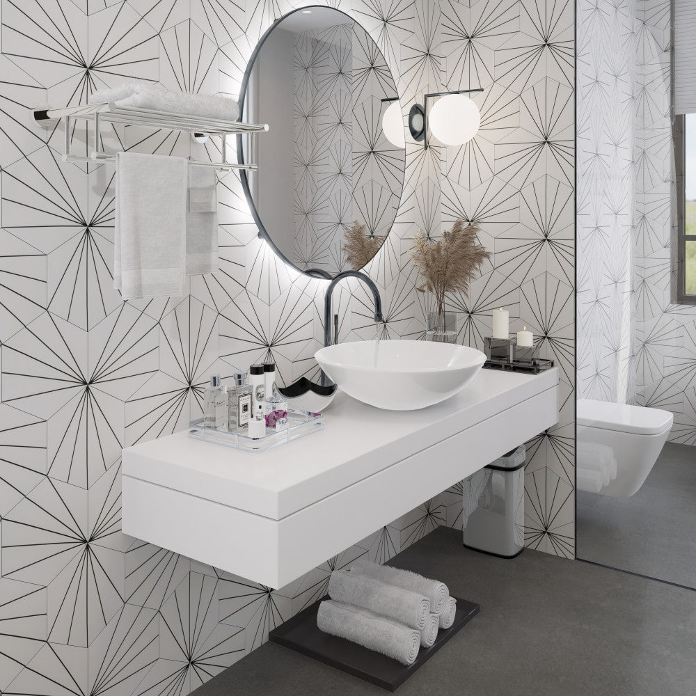 Merola Tile Aster Hex Blanco Encaustic 8-5/8 in. x 9-7/8 in. Porcelain Floor and Wall Tile (11.56 sq. ft. / Case)