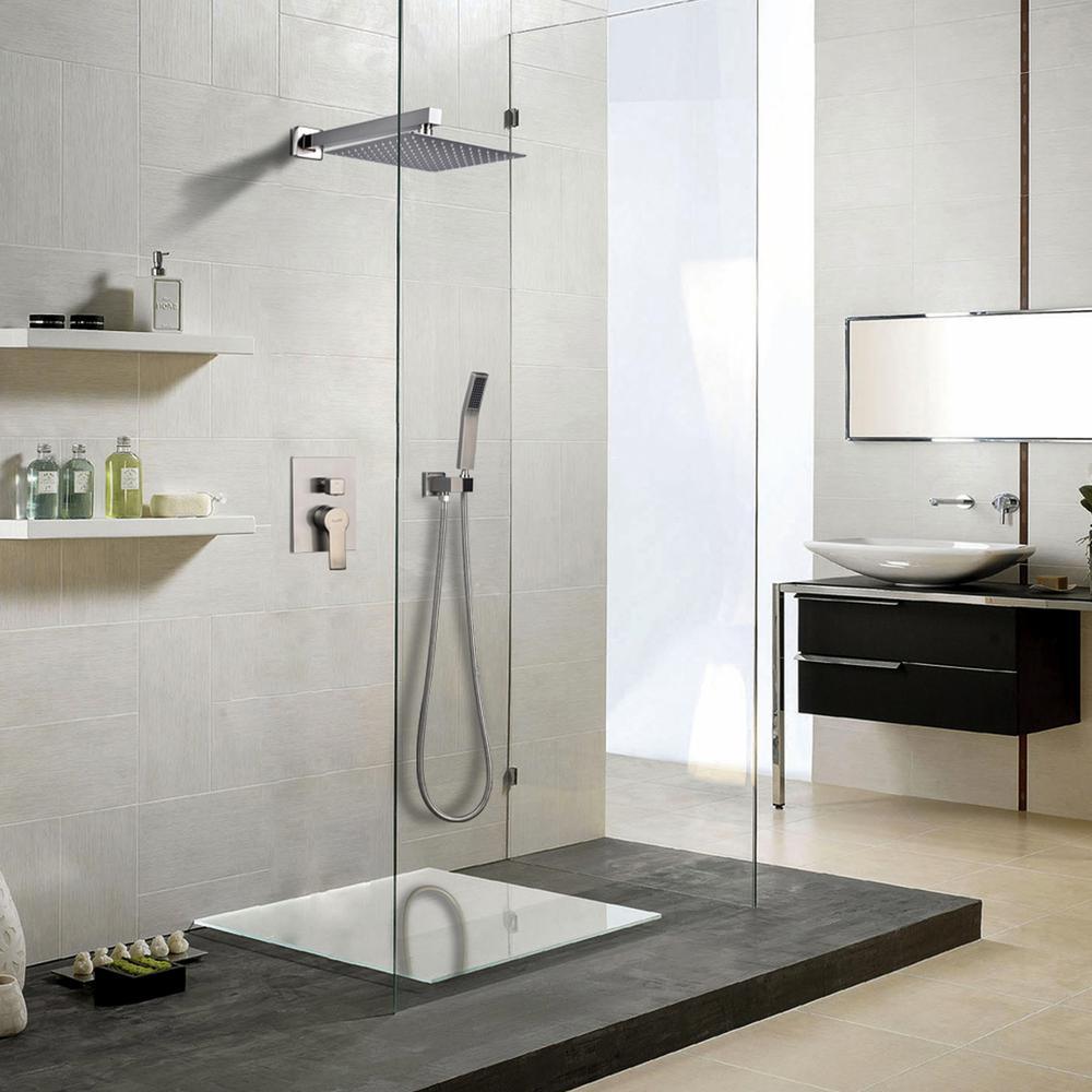 1-Spray Patterns with 2.66 GPM 10 in. Wall Mount Dual Shower Heads with Rough-In Valve Body and Trim in Brushed Nickel - Super Arbor