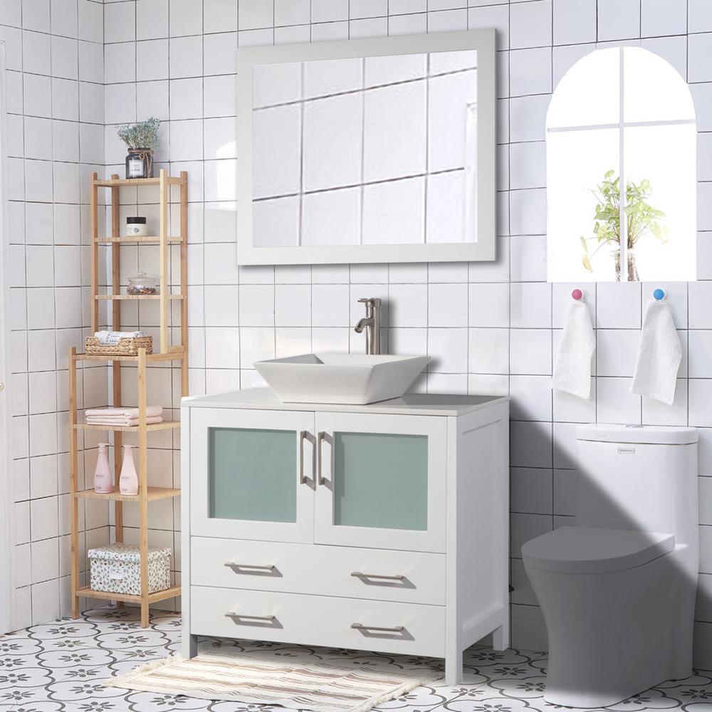 36 in. W x 18.5 in. D x 36 in. H Bathroom Vanity in White with Single Basin Vanity Top in White Ceramic and Mirror - Super Arbor
