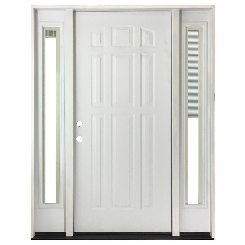 68 in. x 80 in. 9 Panel Primed White Right-Hand Steel Prehung Front Door with 14 in. Mini Blind Sidelites 6 in. Wall - Super Arbor