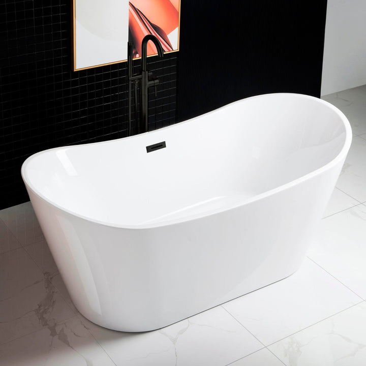 WOODBRIDGE 71 in. Acrylic Flat-Bottom Double-Ended Freestanding Bathtub with Matte Black Overflow & Drain, White