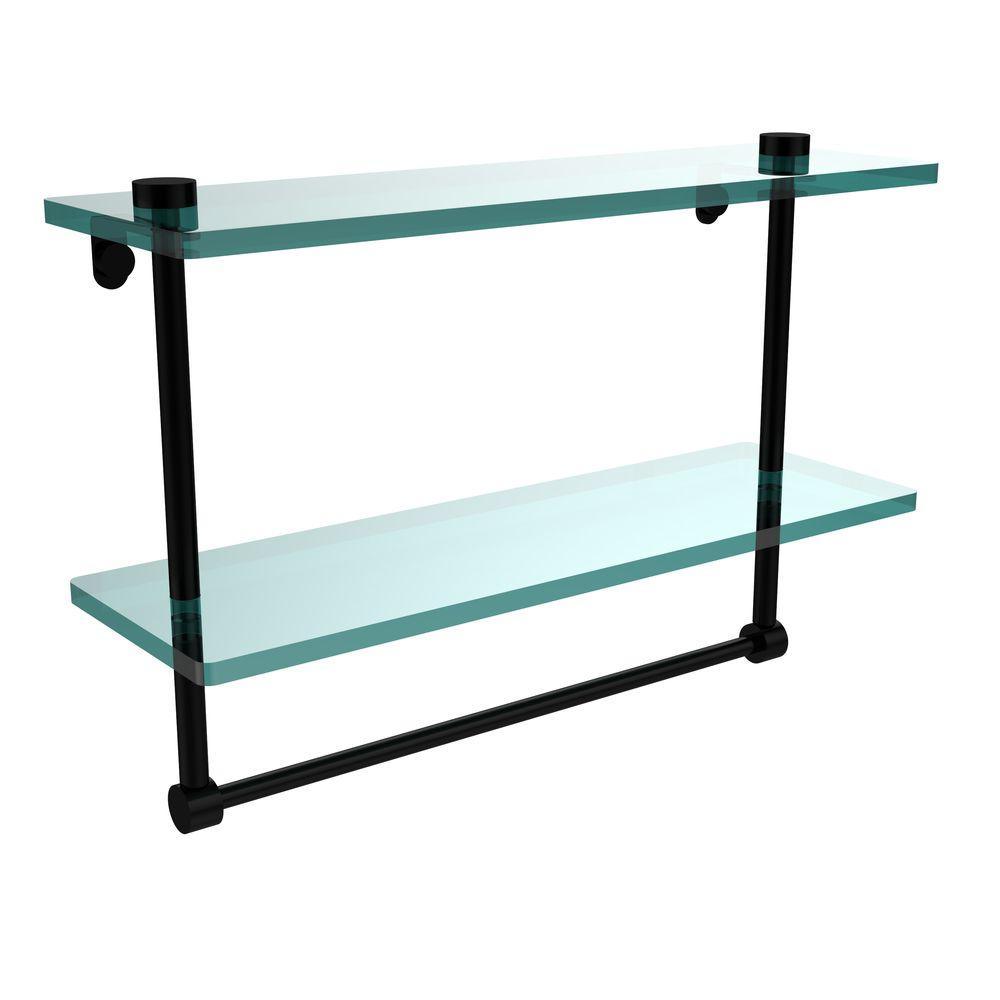16 in. L  x 12 in. H  x 5 in. W 2-Tier Clear Glass Vanity Bathroom Shelf with Towel Bar in Polished Brass - Super Arbor