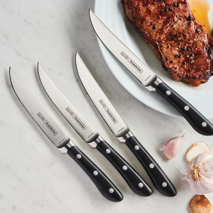 5 in. High Carbon Steel Full T Blade with Serrated Edge Steak Knife with Black Polycarbonate Handle (Set of 4)