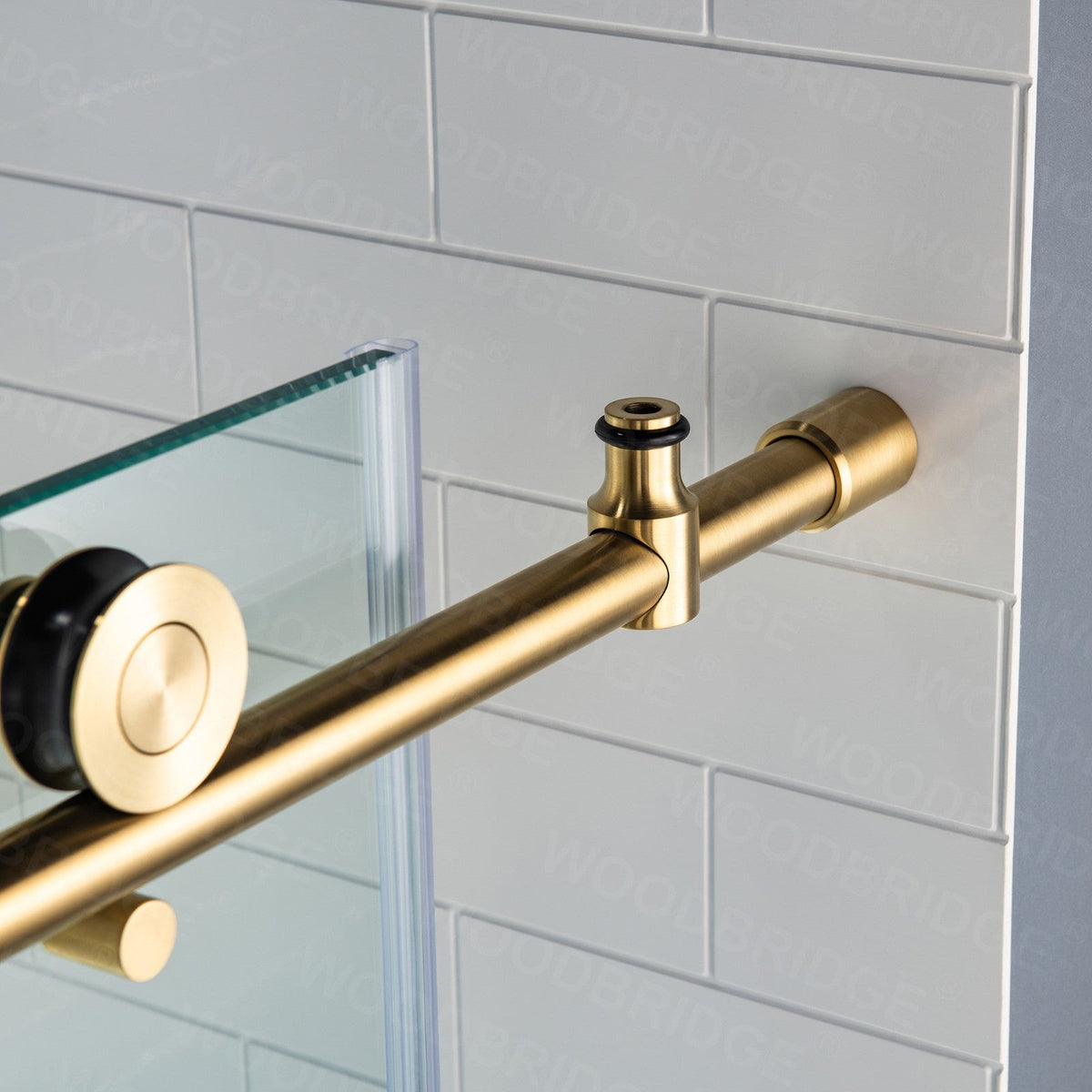 WOODBRIDGE Lowestoft 56–60 in. W x 76 in. H Frameless Sliding Shower Door with Shatter Retention Glass, Brushed Gold