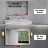 HBEZON Eos 60 in. W x 36 in. H Rectangular Aluminum Surface/Recessed Medicine Cabinet with Mirror and Light, Fog Free