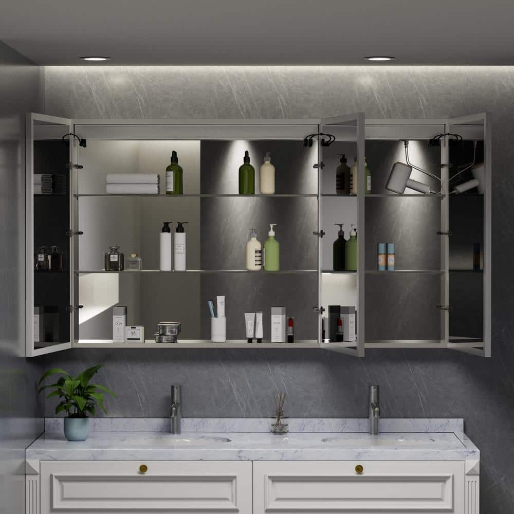 HBEZON Eos 60 in. W x 36 in. H Rectangular Aluminum Surface/Recessed Medicine Cabinet with Mirror and Light, Fog Free