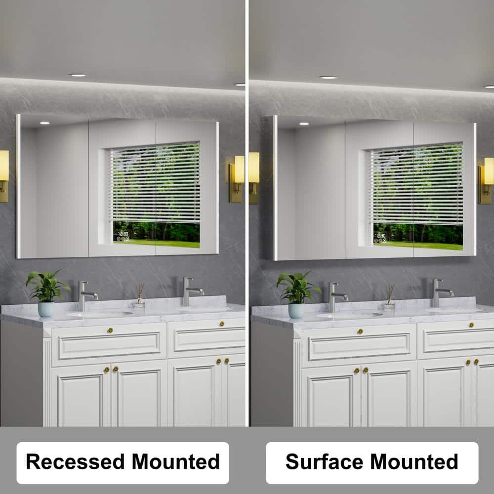 HBEZON Eos 60 in. W x 36 in. H Rectangular Aluminum Surface/Recessed Medicine Cabinet with Mirror and Light, Fog Free