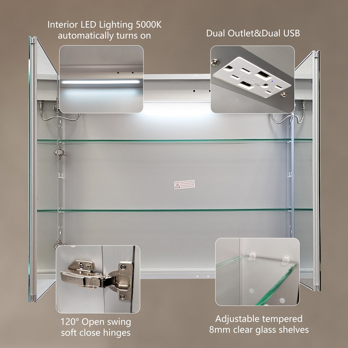 WELLFOR EX4 36-in x 30-in Lighted LED Fog Free Surface Mount Silver Mirrored Soft Close Medicine Cabinet with Outlet